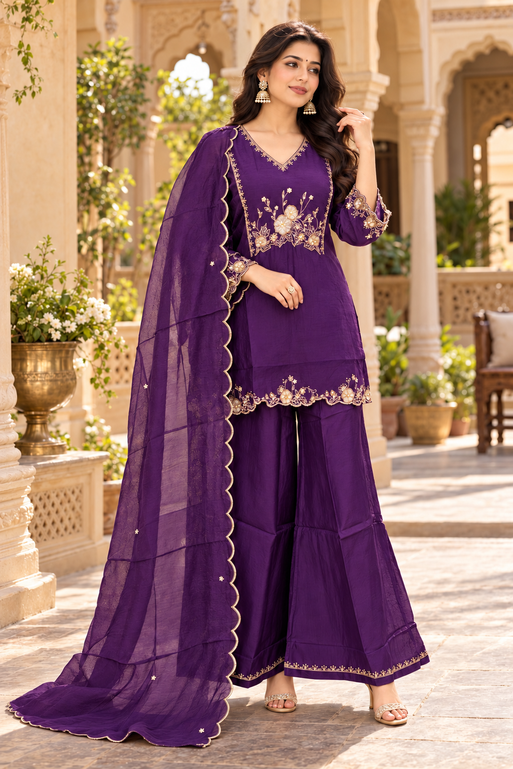 Heavy Handwork Short Kurti 3-Piece Set
