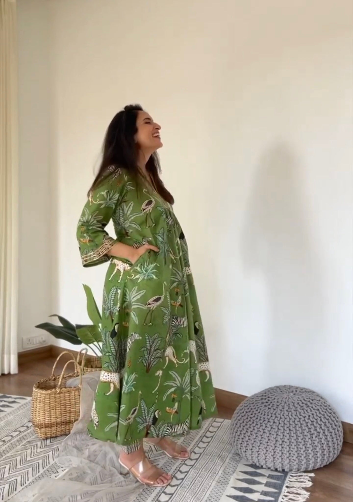 Blue and Green Hand Block Tiger Print Cotton Kurta Set