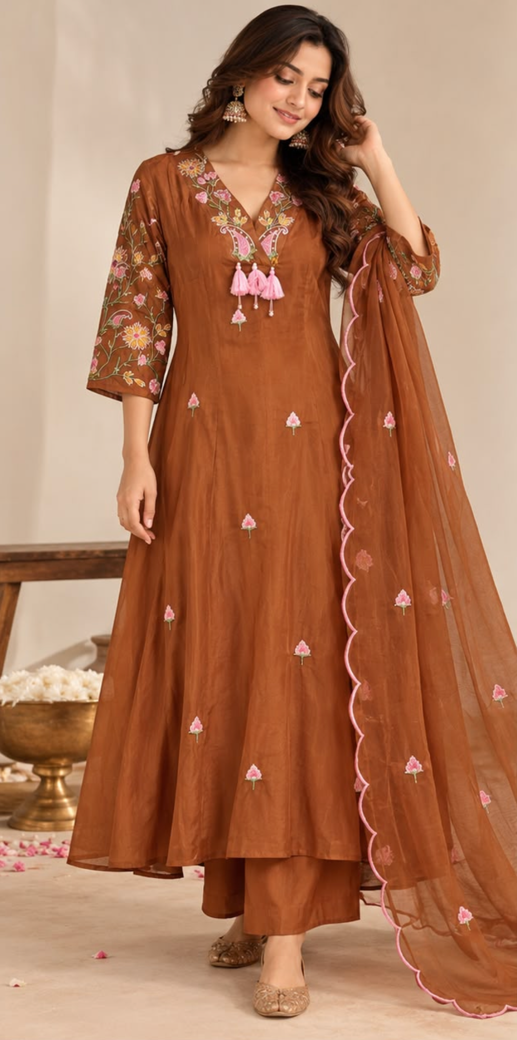 Mul Chanderi Hand Work Embroidered Kurta Set