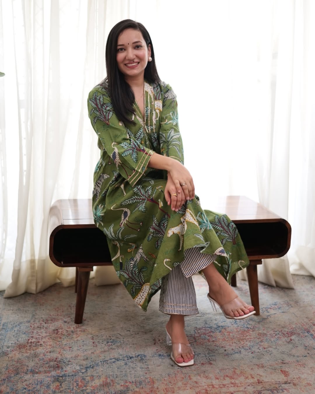 Green Hand Block Tiger Print Cotton Kurta Set