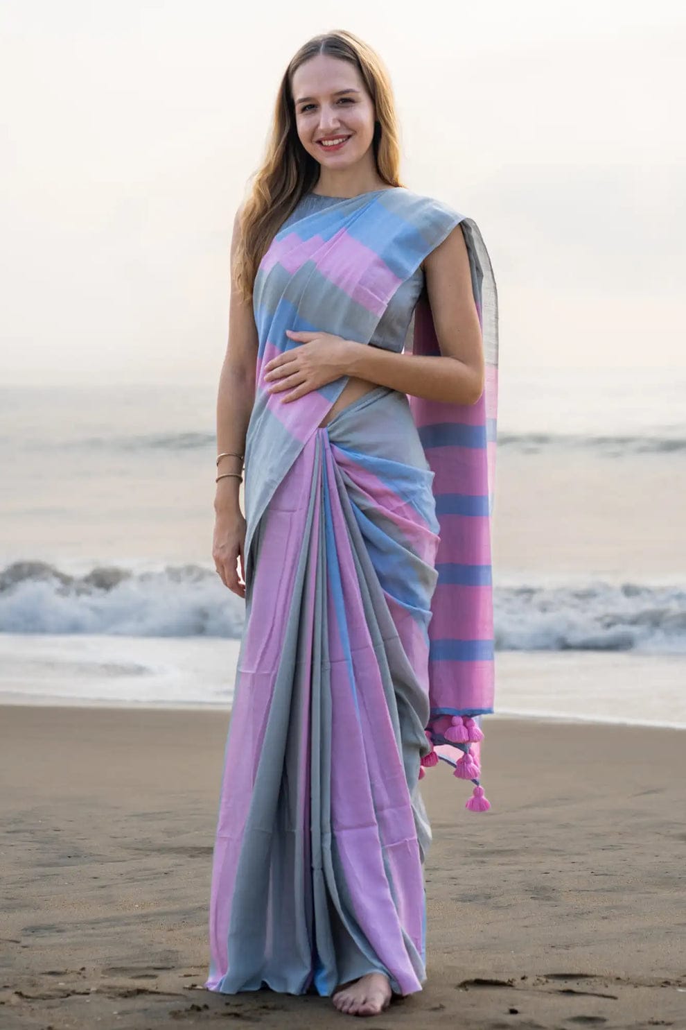 Handwoven Khadi Cotton Saree With Tassels