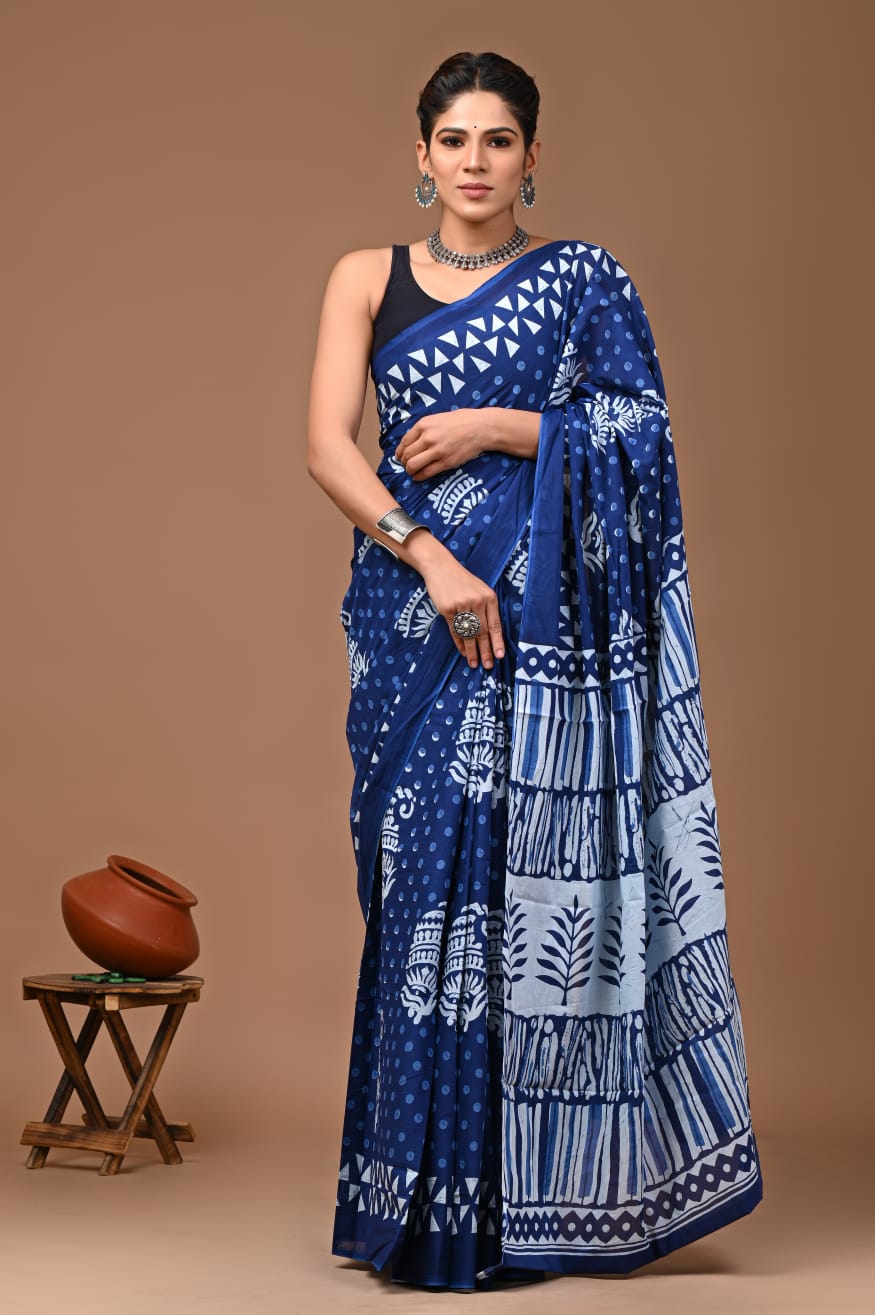Block Print Cotton Mulmul Sarees