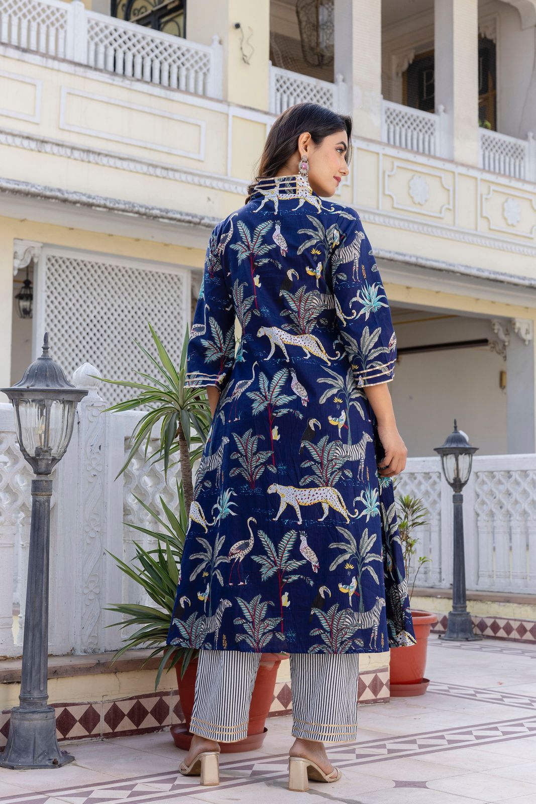 Blue and Green Hand Block Tiger Print Cotton Kurta Set