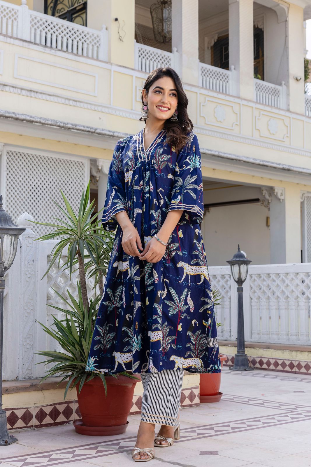 Blue and Green Hand Block Tiger Print Cotton Kurta Set