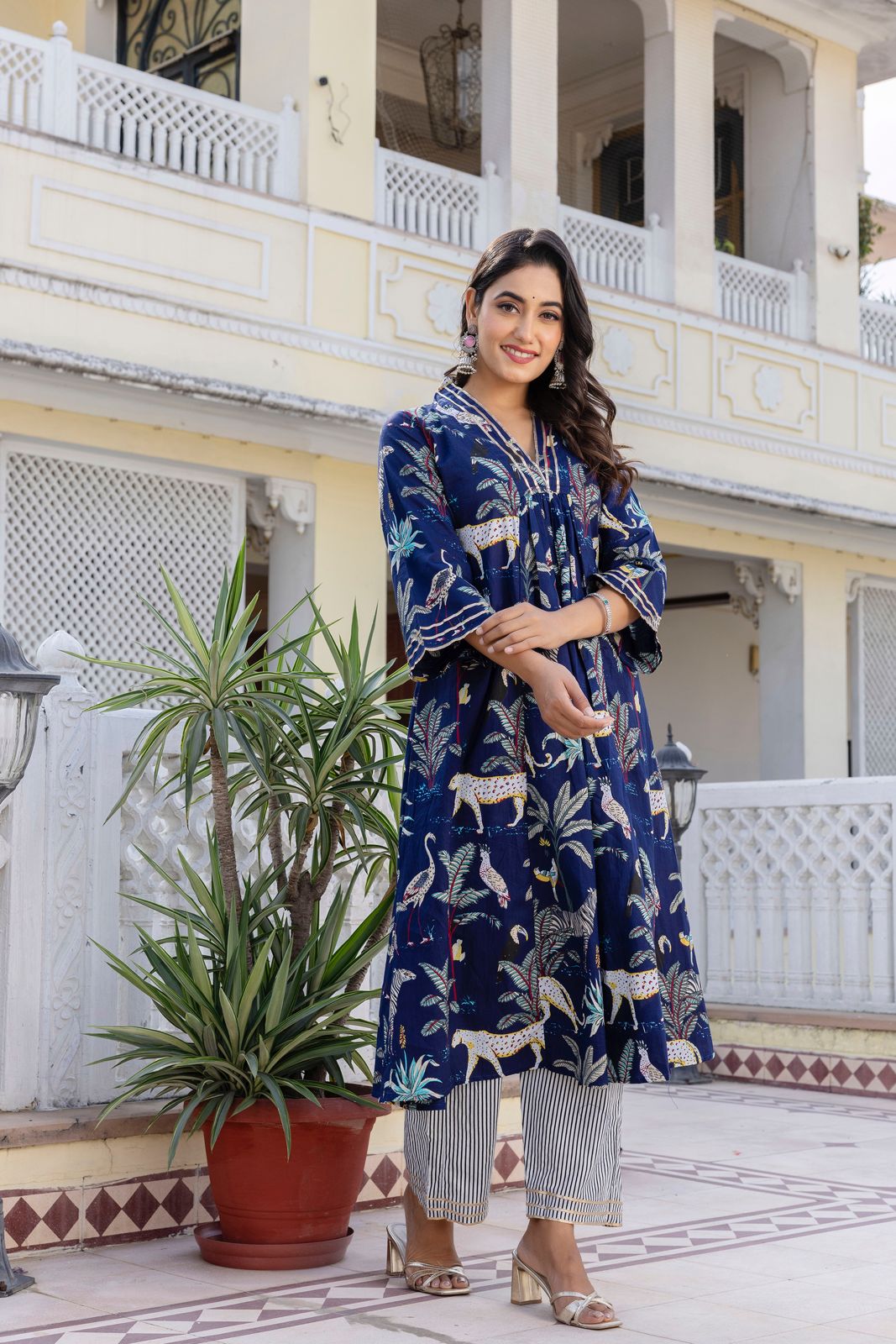 Blue and Green Hand Block Tiger Print Cotton Kurta Set