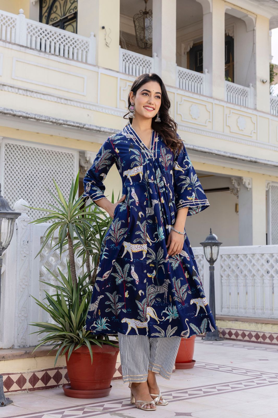 Blue and Green Hand Block Tiger Print Cotton Kurta Set