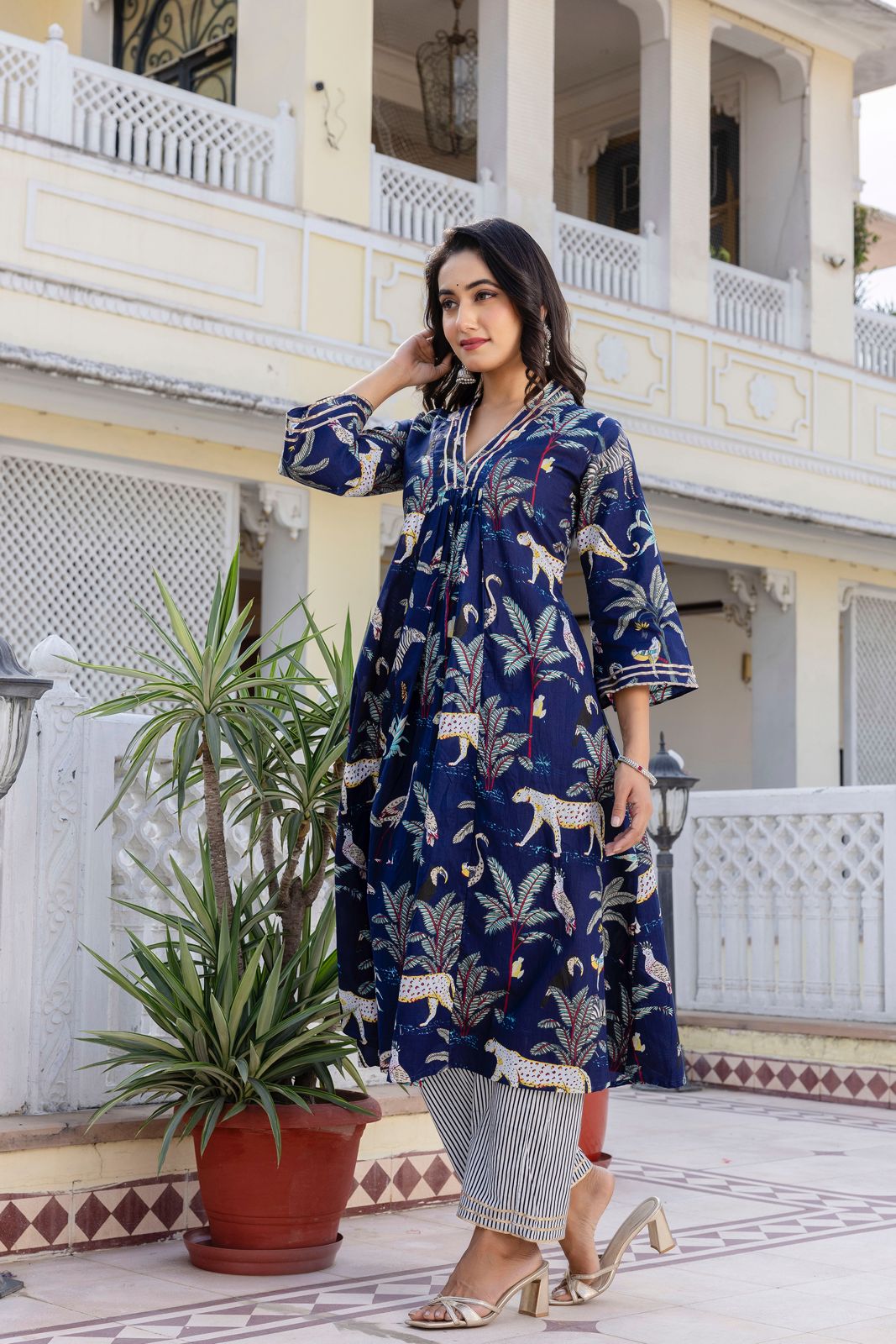 Blue and Green Hand Block Tiger Print Cotton Kurta Set