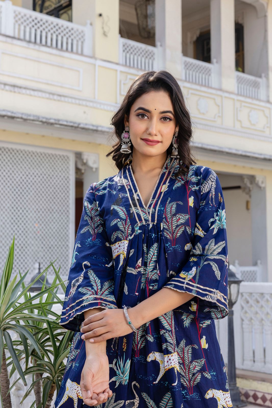 Blue and Green Hand Block Tiger Print Cotton Kurta Set