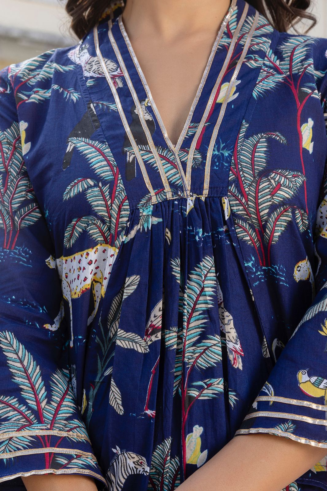 Blue and Green Hand Block Tiger Print Cotton Kurta Set