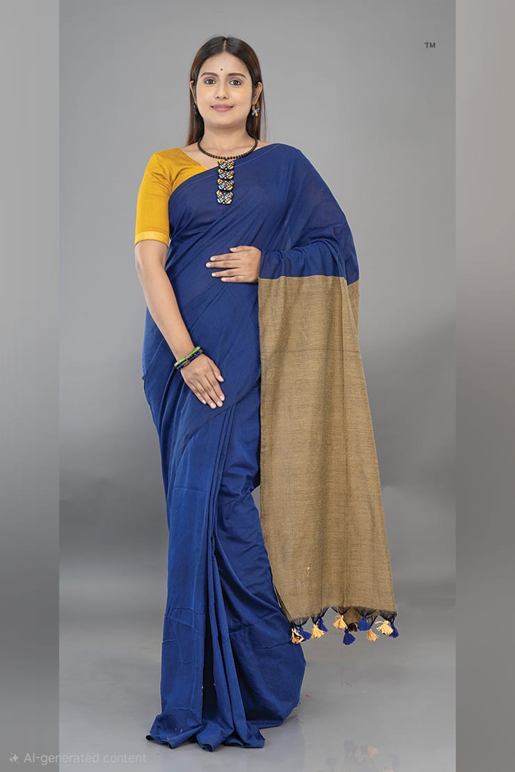 Handwoven Khadi Cotton Saree With Tassels
