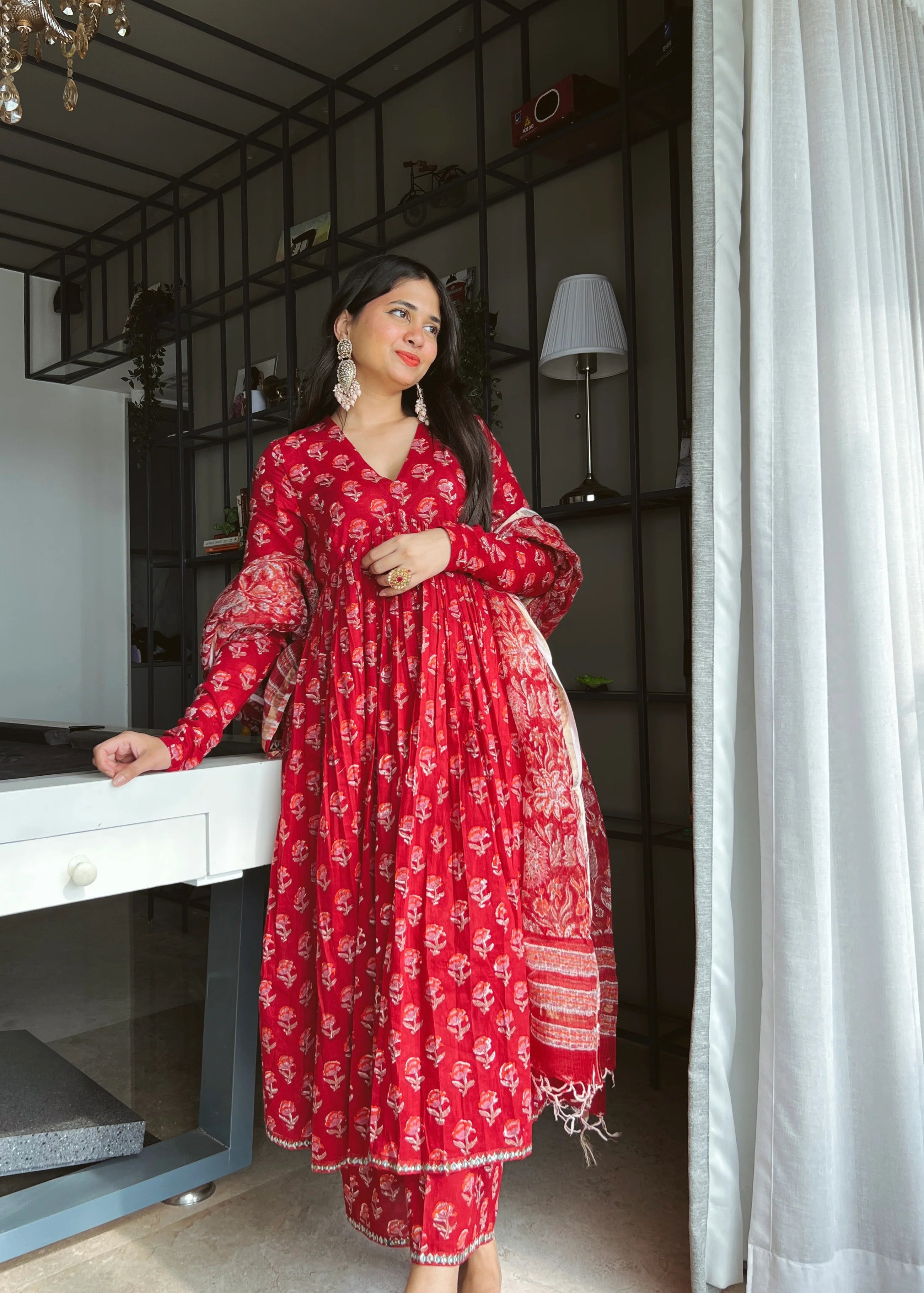 Deep Red Full Sleeves Anarkali With Kota Doria Dupatta Set of 3