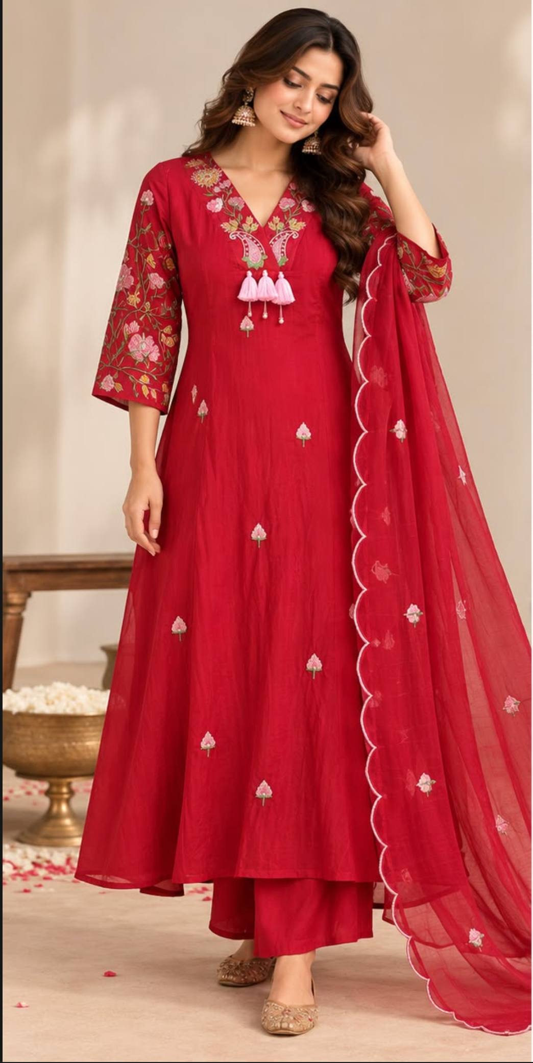 Mul Chanderi Hand Work Embroidered Kurta Set