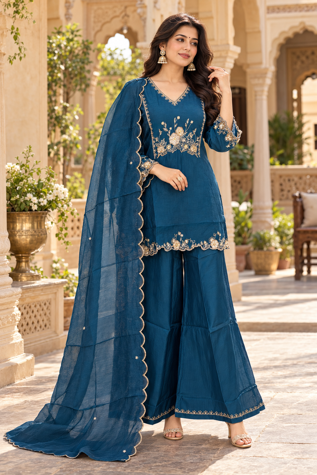 Heavy Handwork Short Kurti 3-Piece Set