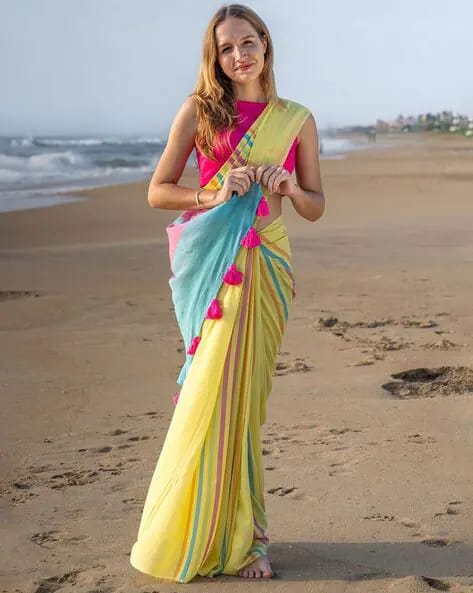 Handwoven Khadi Cotton Saree With Tassels