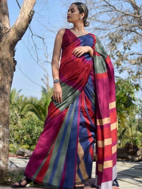 Handwoven Khadi Cotton Saree With Tassels