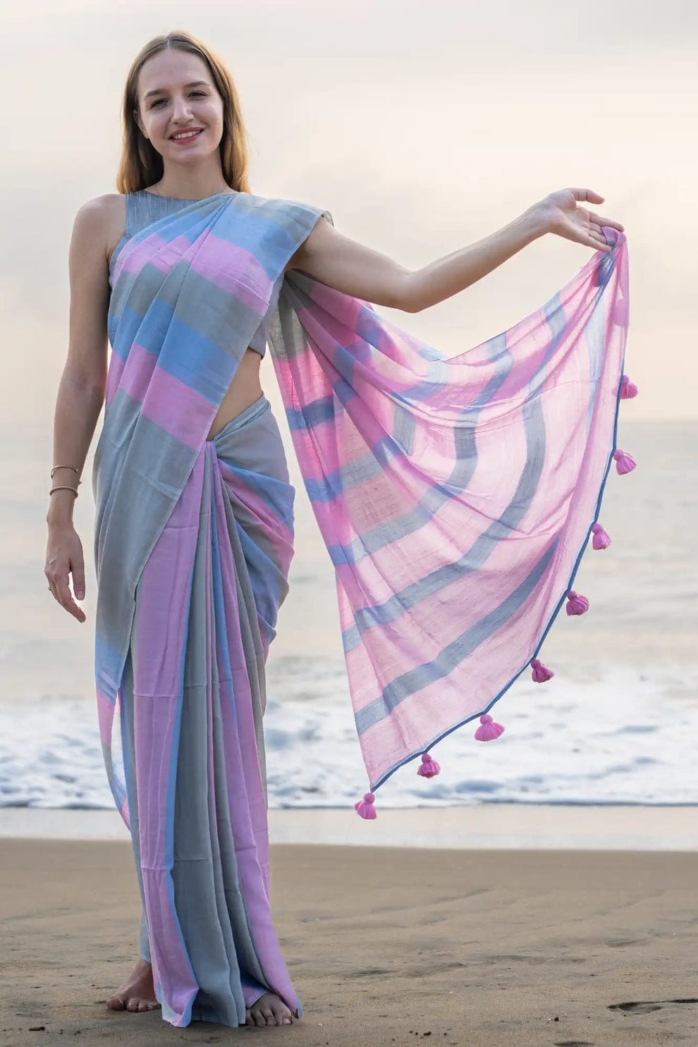 Handwoven Khadi Cotton Saree With Tassels