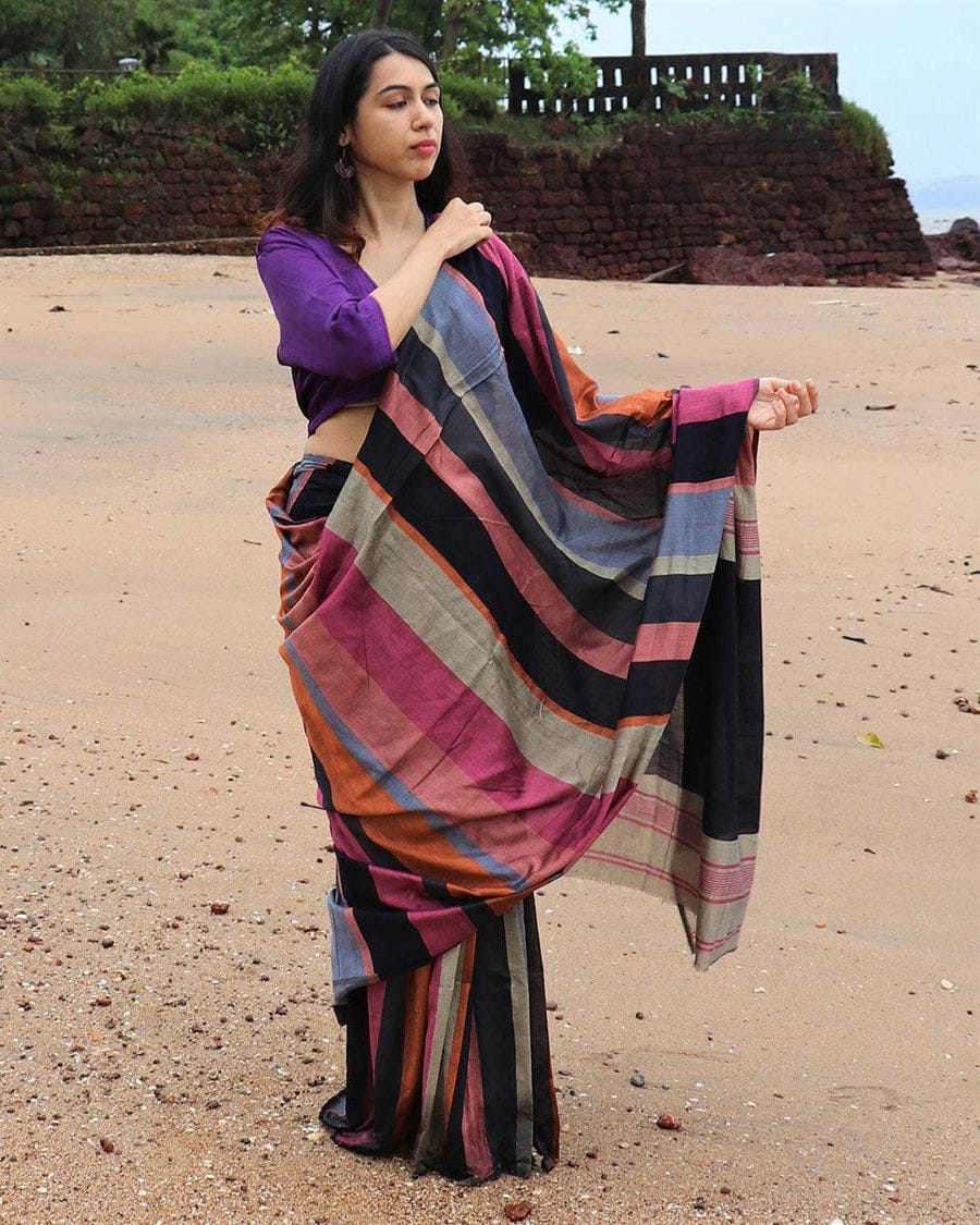 Handwoven Khadi Cotton Saree With Tassels