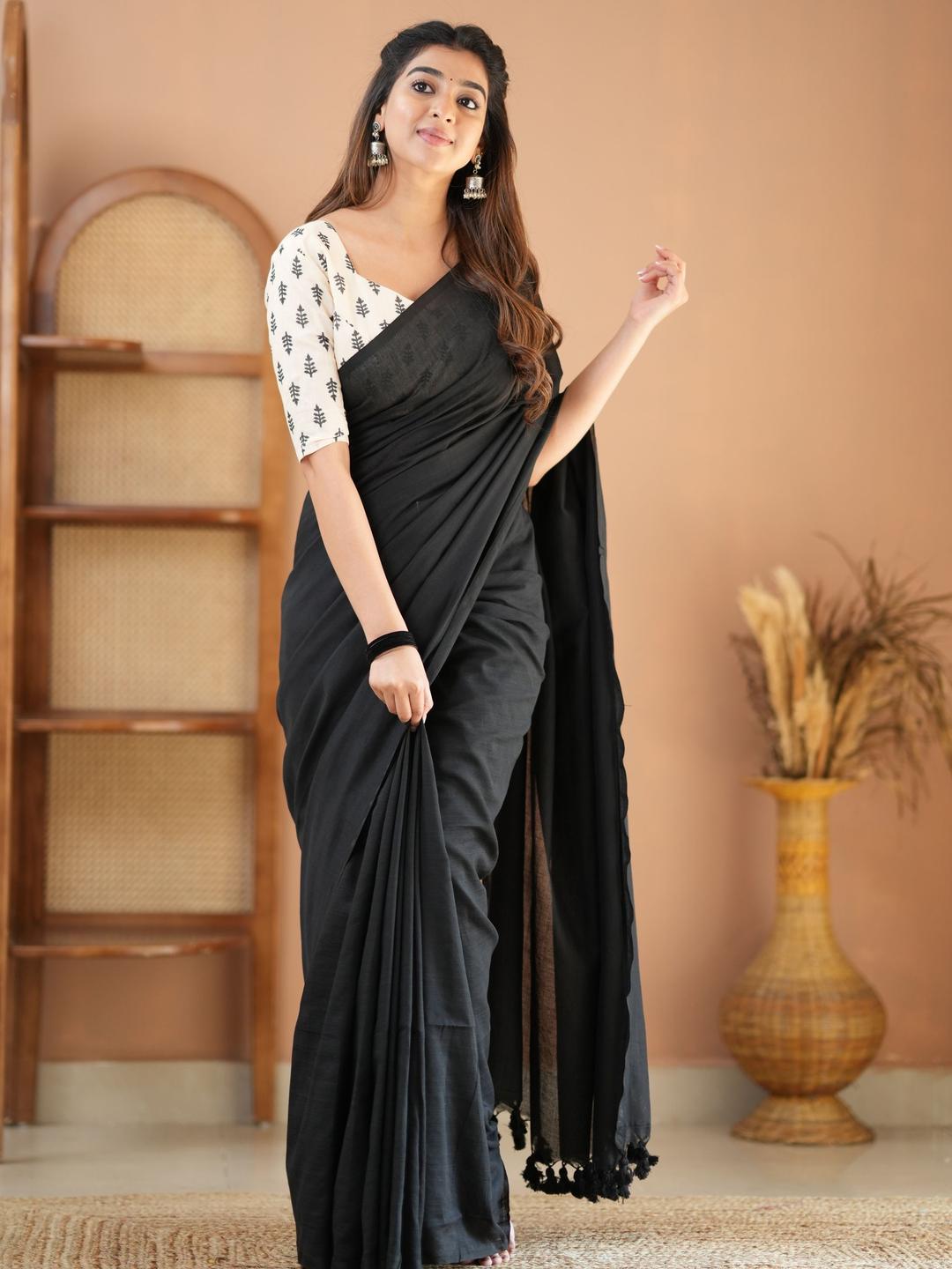 Handwoven Khadi Cotton Saree With Tassels
