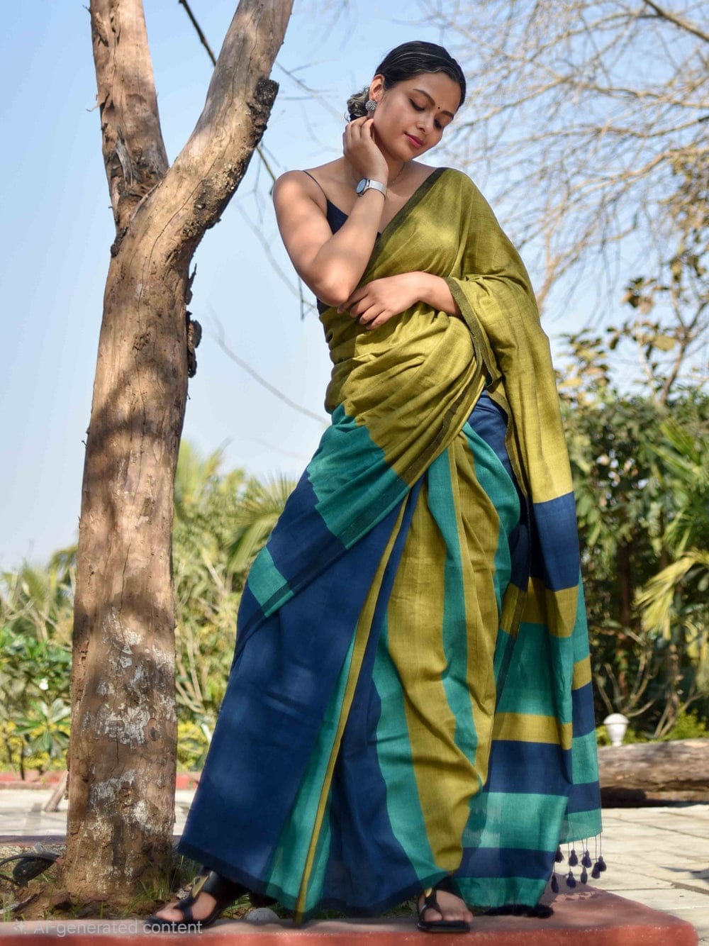 Handwoven Khadi Cotton Saree With Tassels
