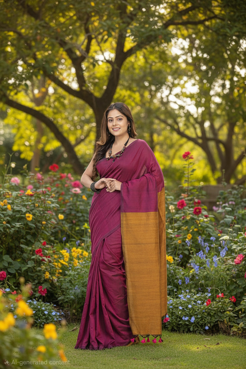 Handwoven Khadi Cotton Saree With Tassels