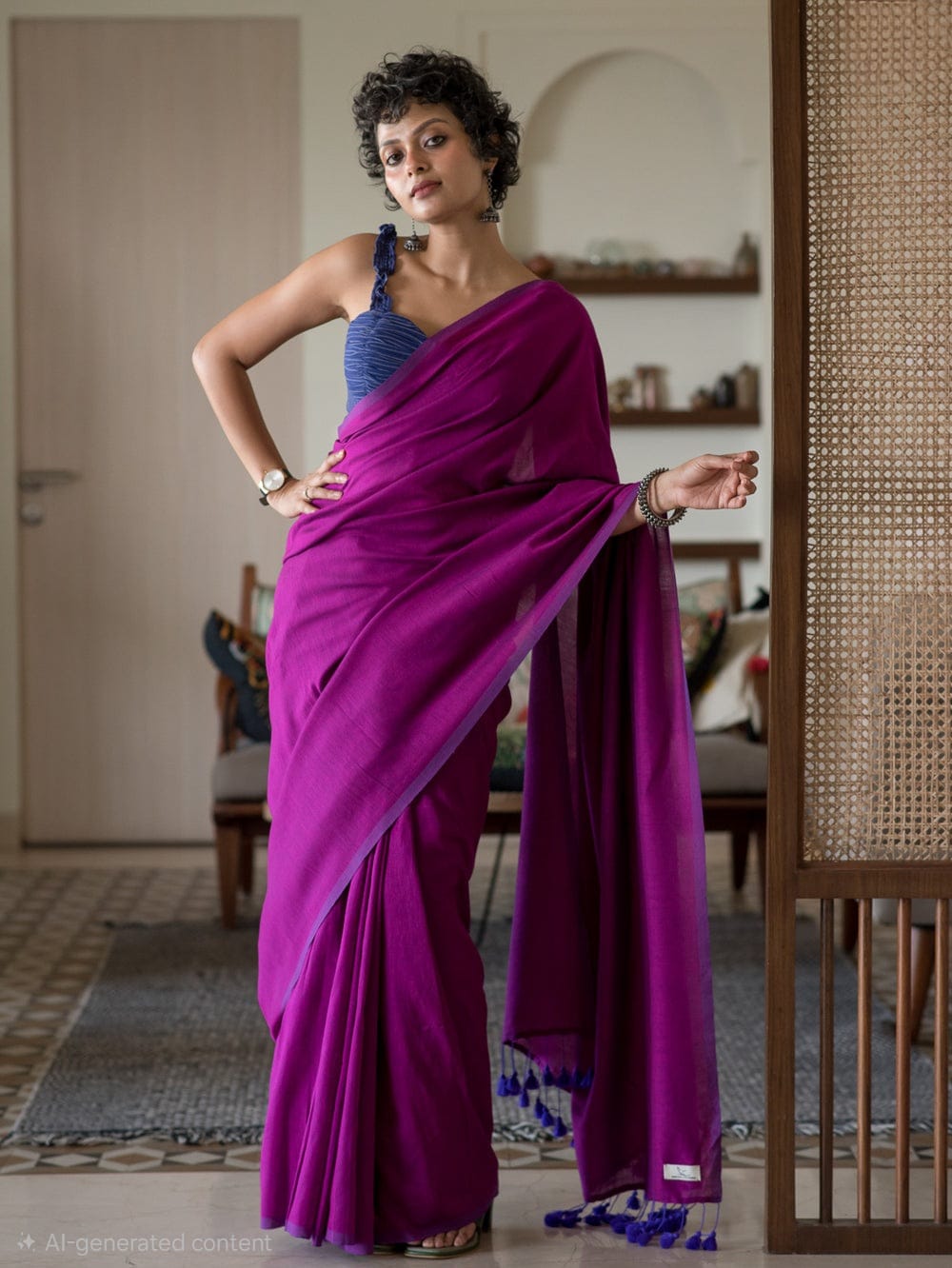 Handwoven Khadi Cotton Saree With Tassels