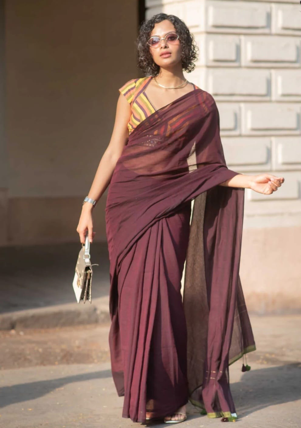 Handwoven Khadi Cotton Saree With Tassels