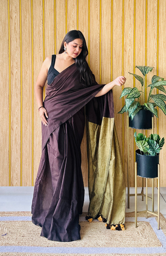 Handwoven Khadi Cotton Saree With Tassels