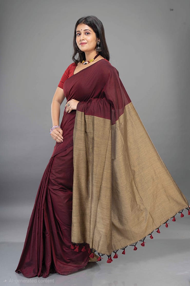Handwoven Khadi Cotton Saree With Tassels